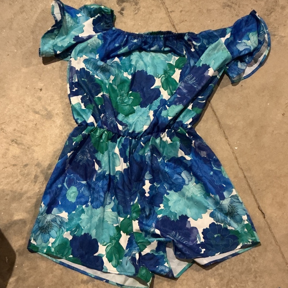 Blue & Green Floral Off-Shoulder Romper - Unbranded